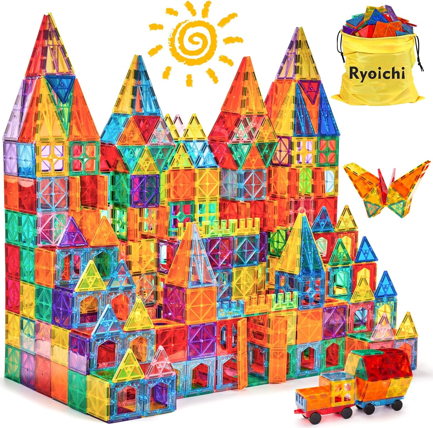 Ryoichi 138PCS Magnetic Building Tiles Set with 2 Cars, STEM Educational Construction Blocks & Montessori Learning Toys