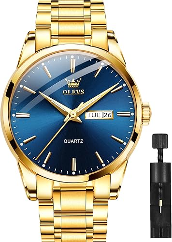 OLEVS Classic Men Watches with Date,Stainless Steel Man Watch with Date, Bussiness Watches for Men,Luminous Quartz Mens Watches Black/White/Blue/Gold, Waterproof Male Watch with Week